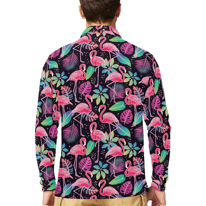 Flamingo Tropical leaves Neon Print Long Sleeve Polo Shirt For Men's
