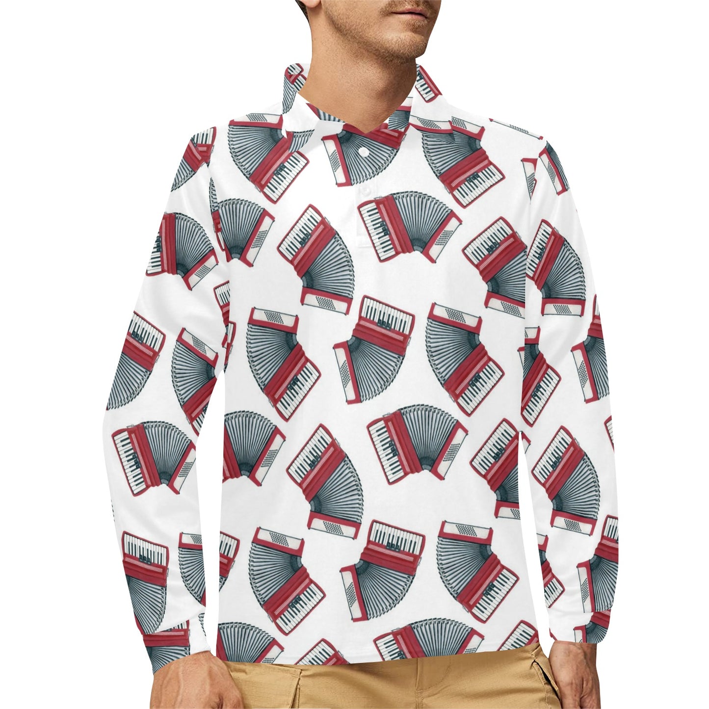 Accordion Pattern Print Design 03 Long Sleeve Polo Shirt For Men's