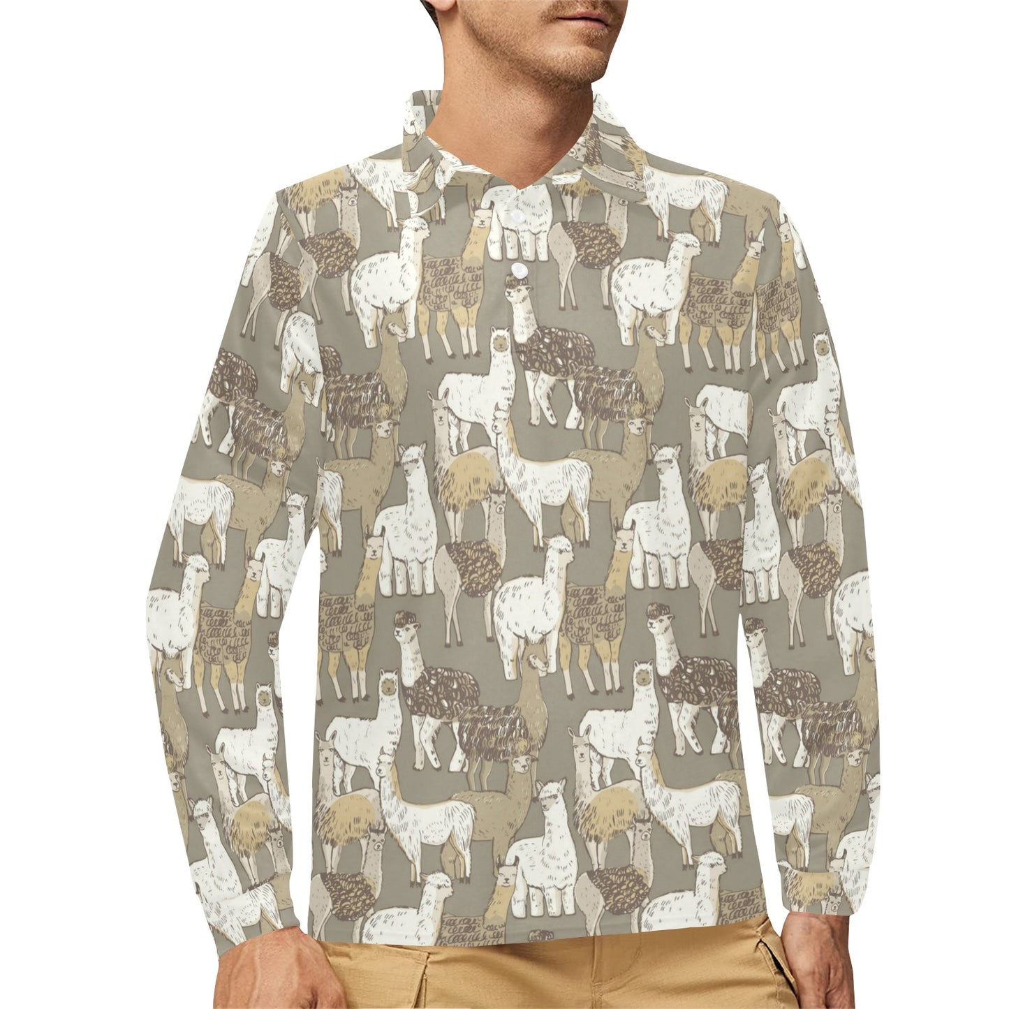 Alpaca Pattern Print Design 01 Long Sleeve Polo Shirt For Men's