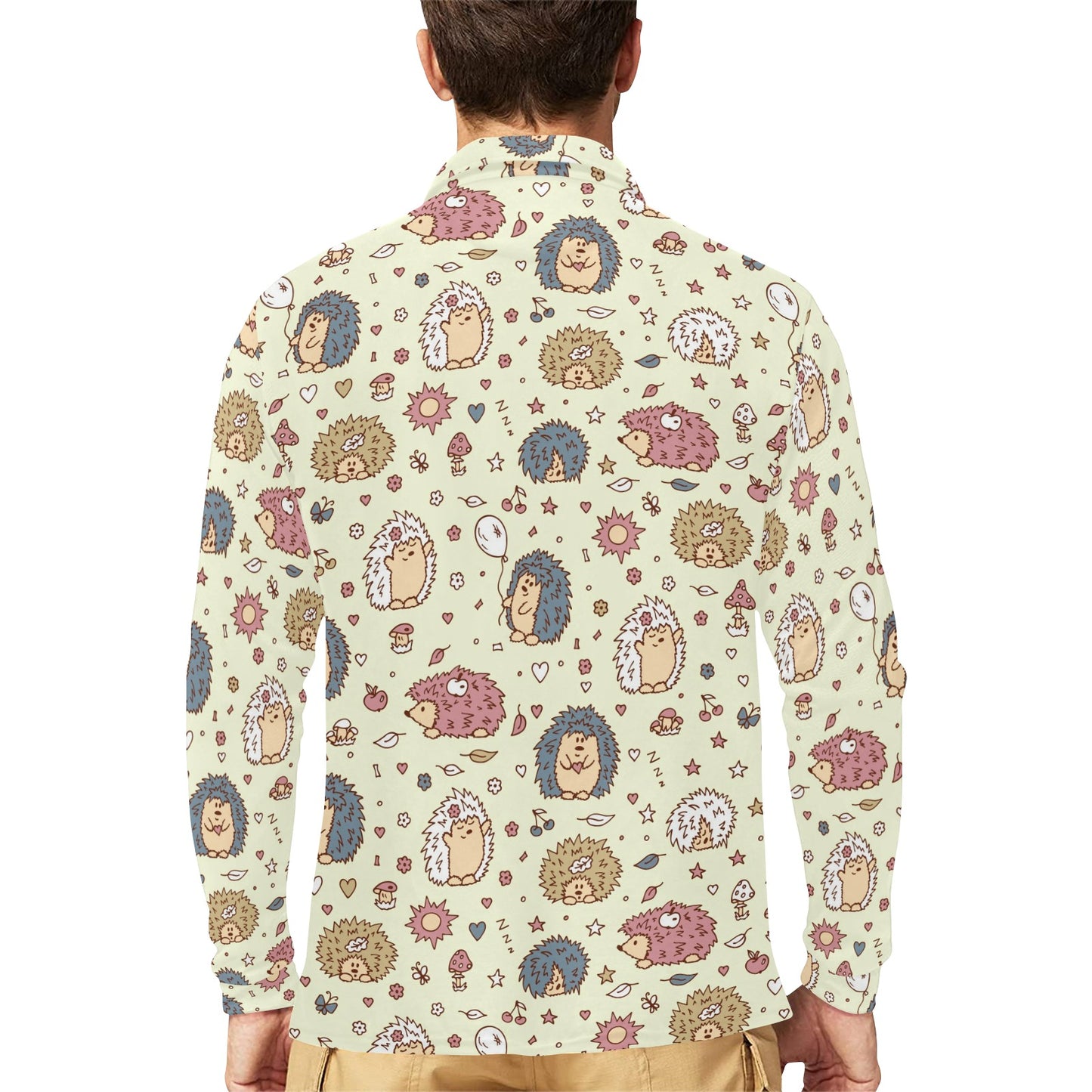 Hedgehog Cute Pattern Print Design 01 Long Sleeve Polo Shirt For Men's