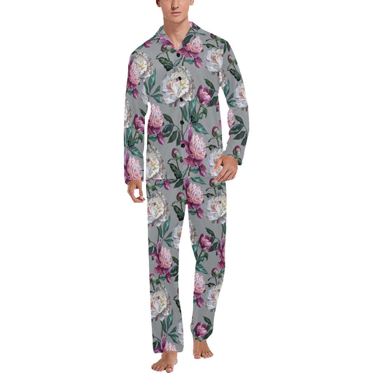 Peony Pattern Print Design PE01 Men's Long Pajama Set
