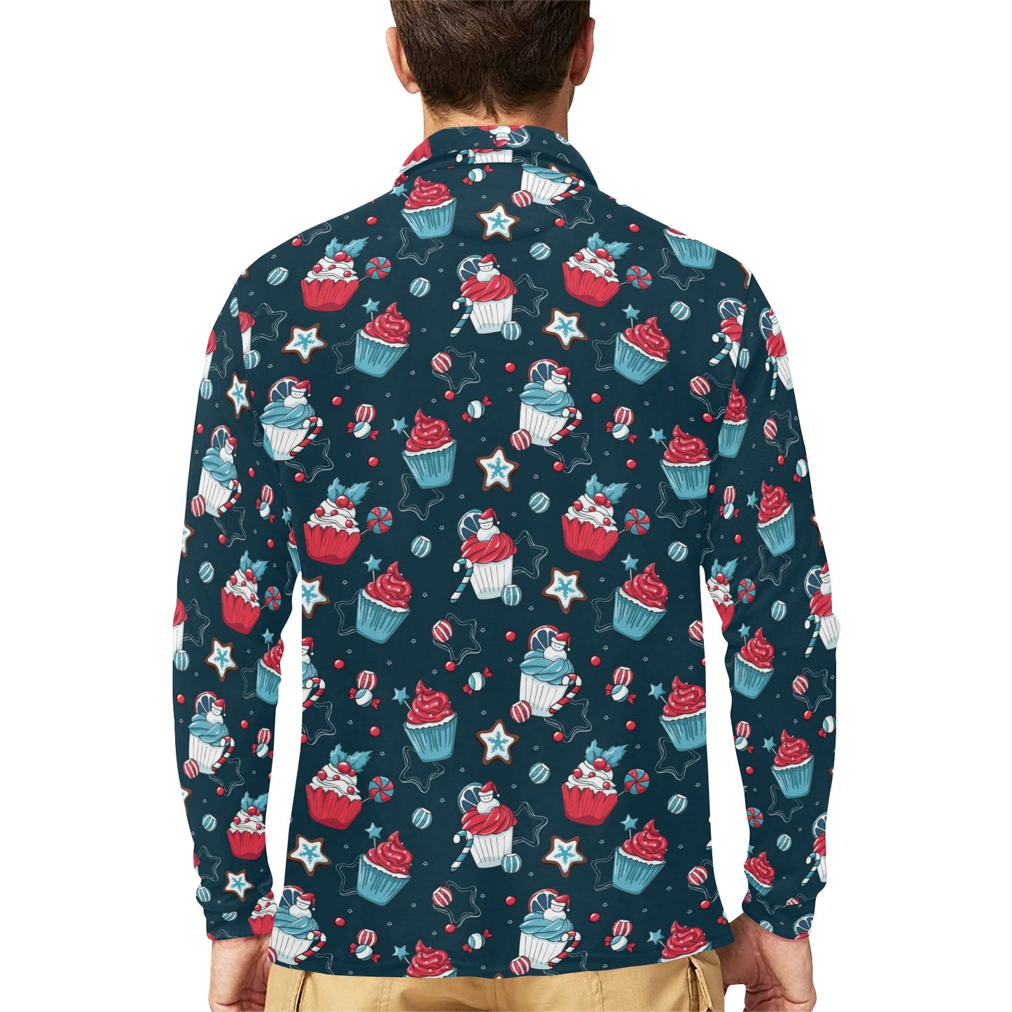 Cupcake Pattern Print Design 03 Long Sleeve Polo Shirt For Men's
