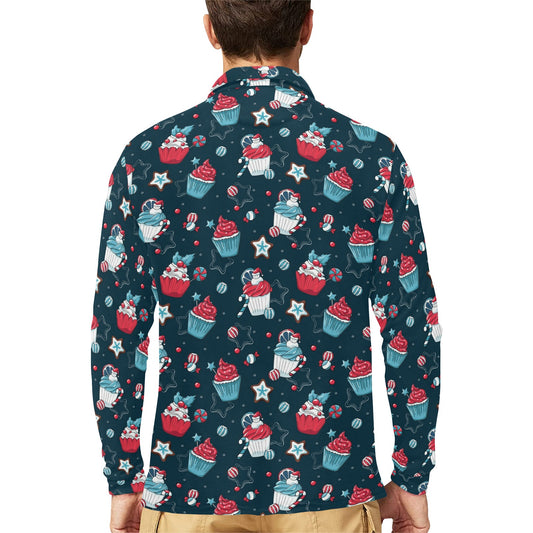 Cupcake Pattern Print Design 03 Long Sleeve Polo Shirt For Men's