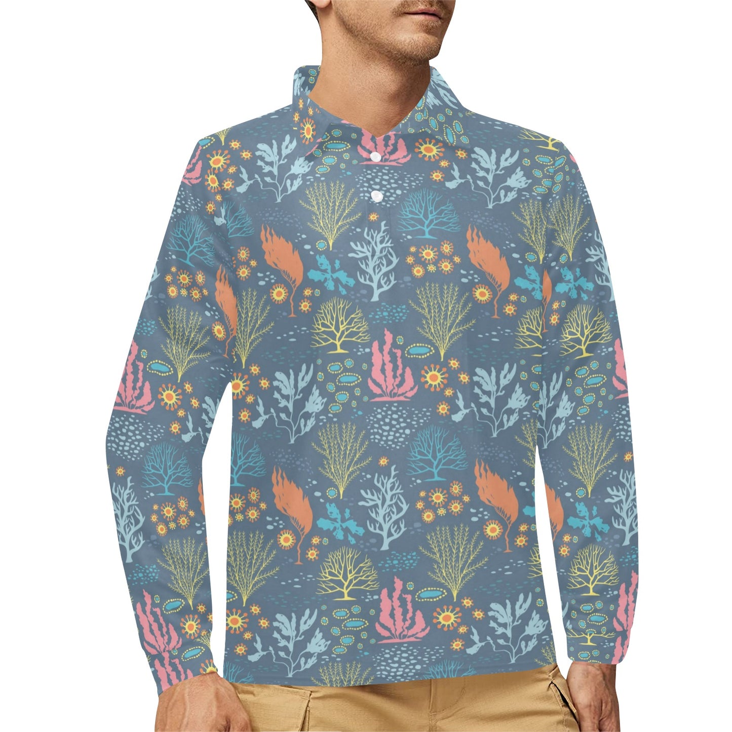 Seaweed Print Design LKS304 Long Sleeve Polo Shirt For Men's