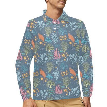 Seaweed Print Design LKS304 Long Sleeve Polo Shirt For Men's