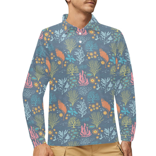 Seaweed Print Design LKS304 Long Sleeve Polo Shirt For Men's
