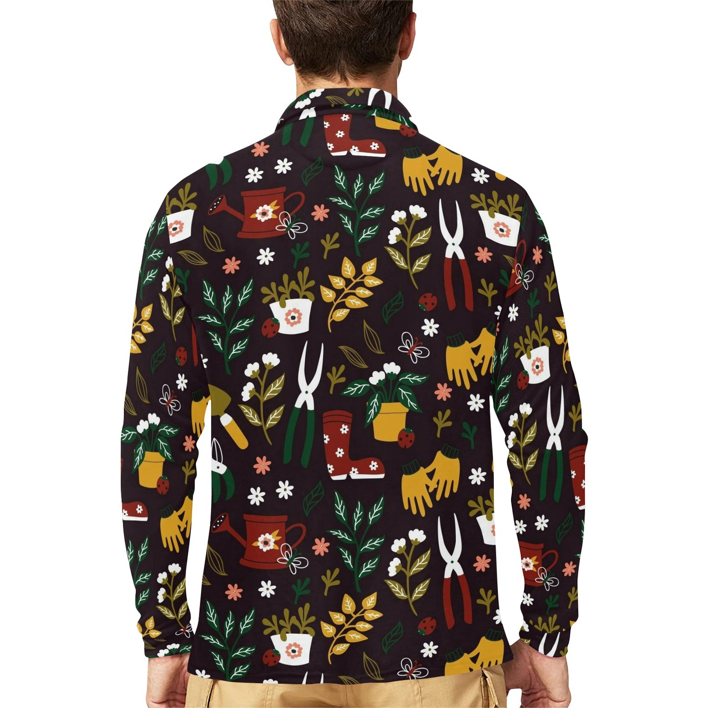 Gardening Pattern Print Design G05 Long Sleeve Polo Shirt For Men's