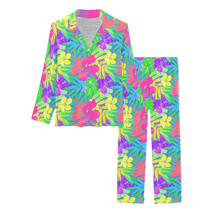 Neon Tropical Pattern Print Design A03 Women's Long Pajama Set