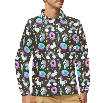 Donut Unicorn Pattern Print Design DN09 Long Sleeve Polo Shirt For Men's
