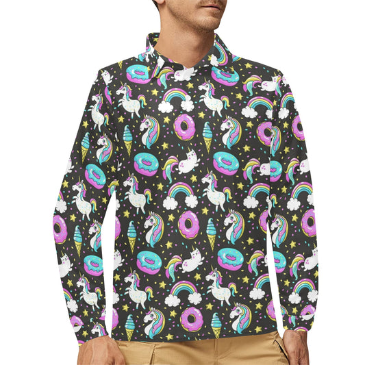 Donut Unicorn Pattern Print Design DN09 Long Sleeve Polo Shirt For Men's