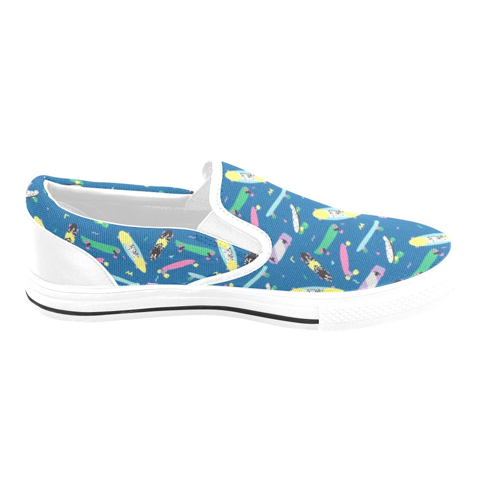 Skateboard Print Design LKS302 White Slip Ons Canvas Women's Shoes