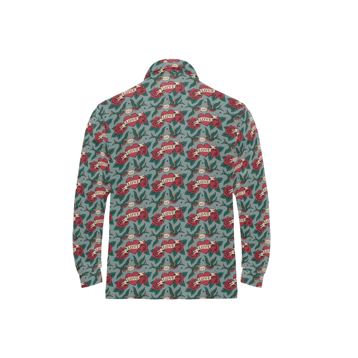 Tattoo Heart Print Design LKS301 Long Sleeve Polo Shirt For Men's