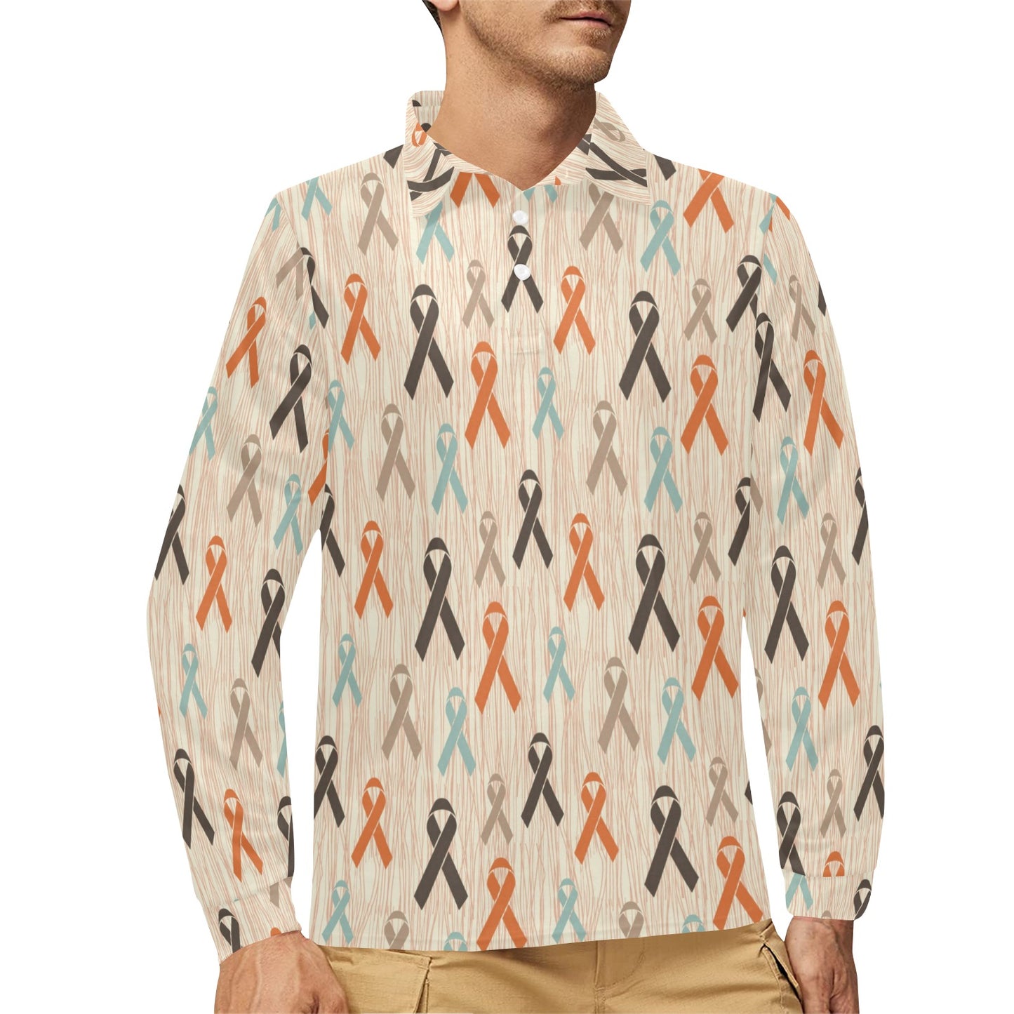 Cancer Awareness Pattern Print Design 01 Long Sleeve Polo Shirt For Men's