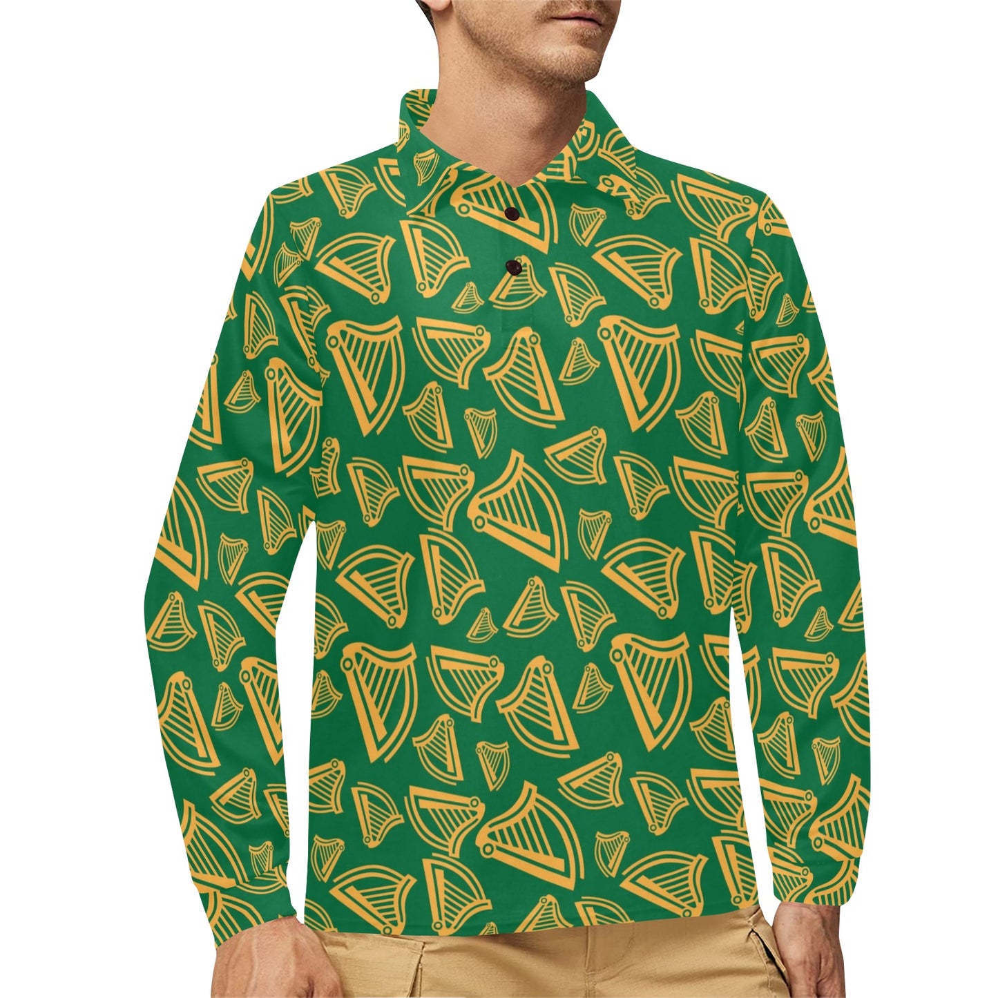 Harp Pattern Print Design 03 Long Sleeve Polo Shirt For Men's