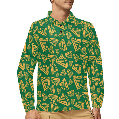 Harp Pattern Print Design 03 Long Sleeve Polo Shirt For Men's