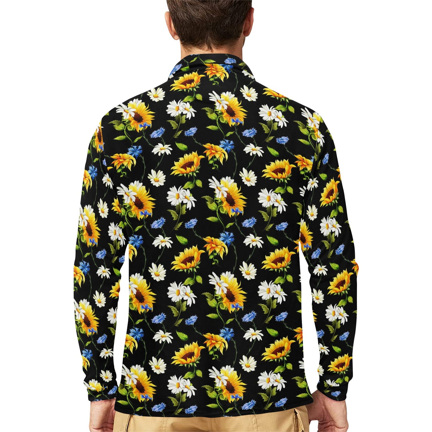 Sunflower Chamomile Bright Color Print Long Sleeve Polo Shirt For Men's