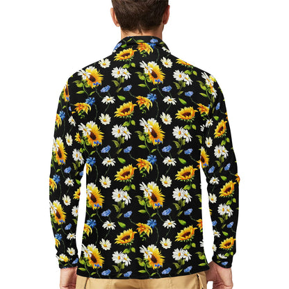Sunflower Chamomile Bright Color Print Long Sleeve Polo Shirt For Men's