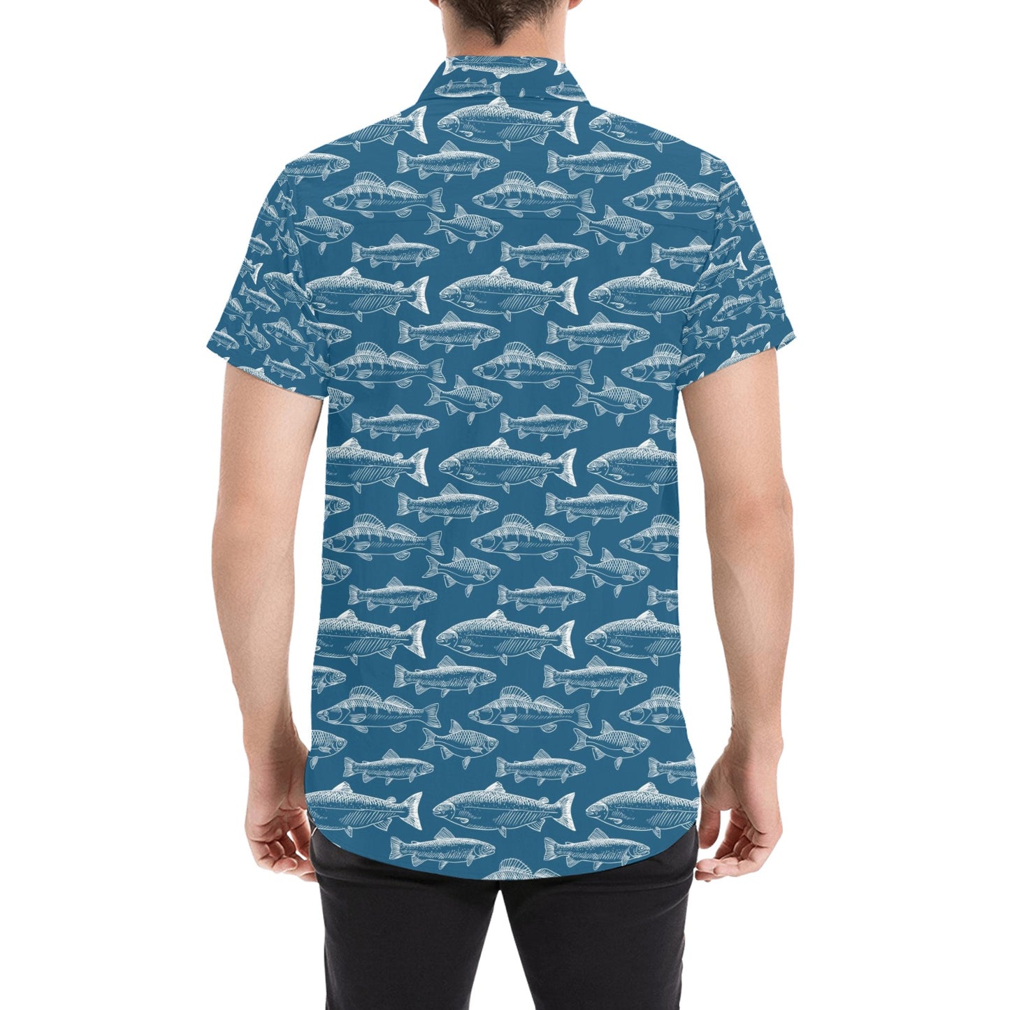 Salmon Fish Print Design LKS301 Men Short Sleeve Button Up Shirt