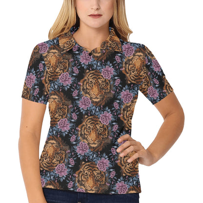 Tiger Head Floral Women's Polo Shirt