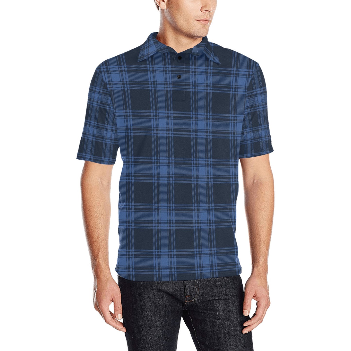 Tartan Blue Print Design LKS304 Men Polo Shirt