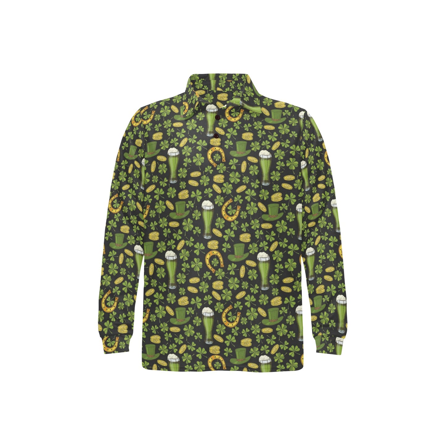 Clover St Patricks Pattern Print Design 03 Long Sleeve Polo Shirt For Men's