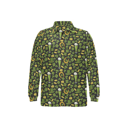 Clover St Patricks Pattern Print Design 03 Long Sleeve Polo Shirt For Men's