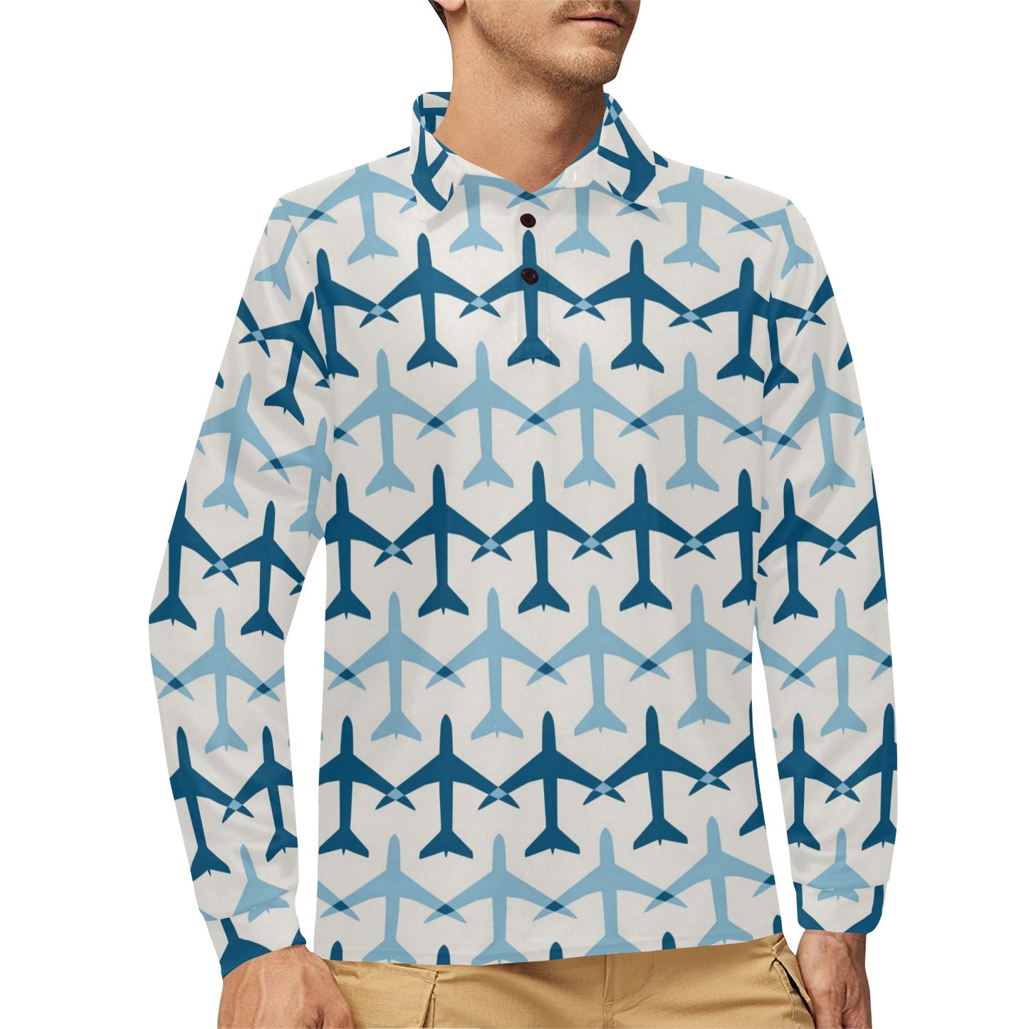 Airplane Pattern Print Design 04 Long Sleeve Polo Shirt For Men's