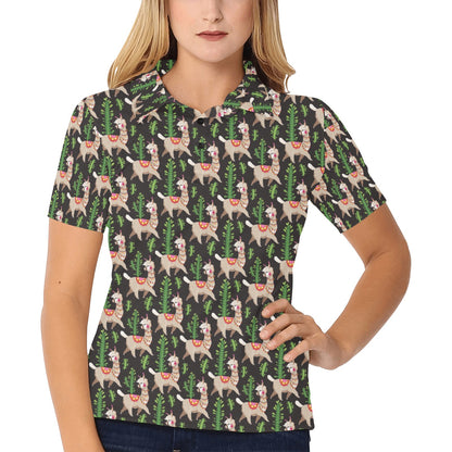 Alpaca Cactus Design Themed Print Women's Polo Shirt