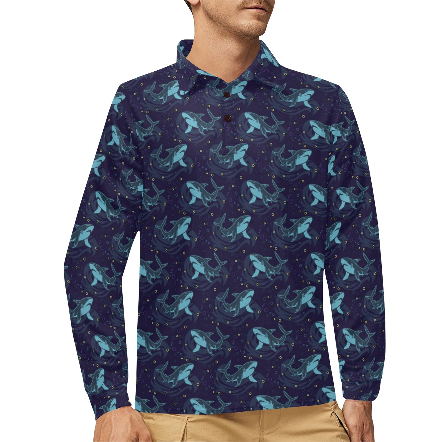 Shark Print Design LKS306 Long Sleeve Polo Shirt For Men's