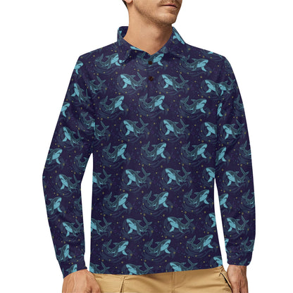 Shark Print Design LKS306 Long Sleeve Polo Shirt For Men's