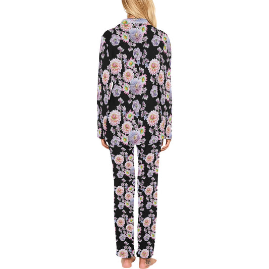Dahlia Pattern Print Design DH012 Women's Long Pajama Set