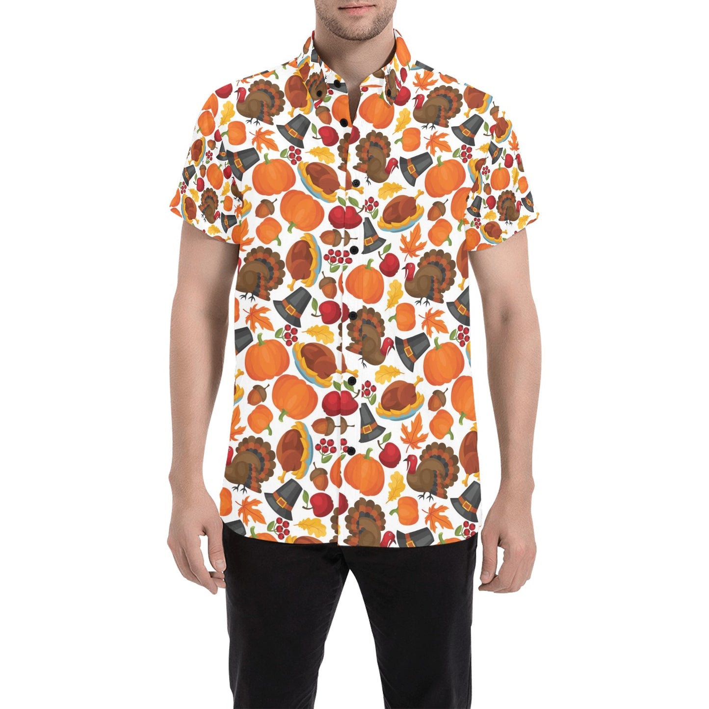 Thanksgiving Print Design LKS304 Men Short Sleeve Button Up Shirt