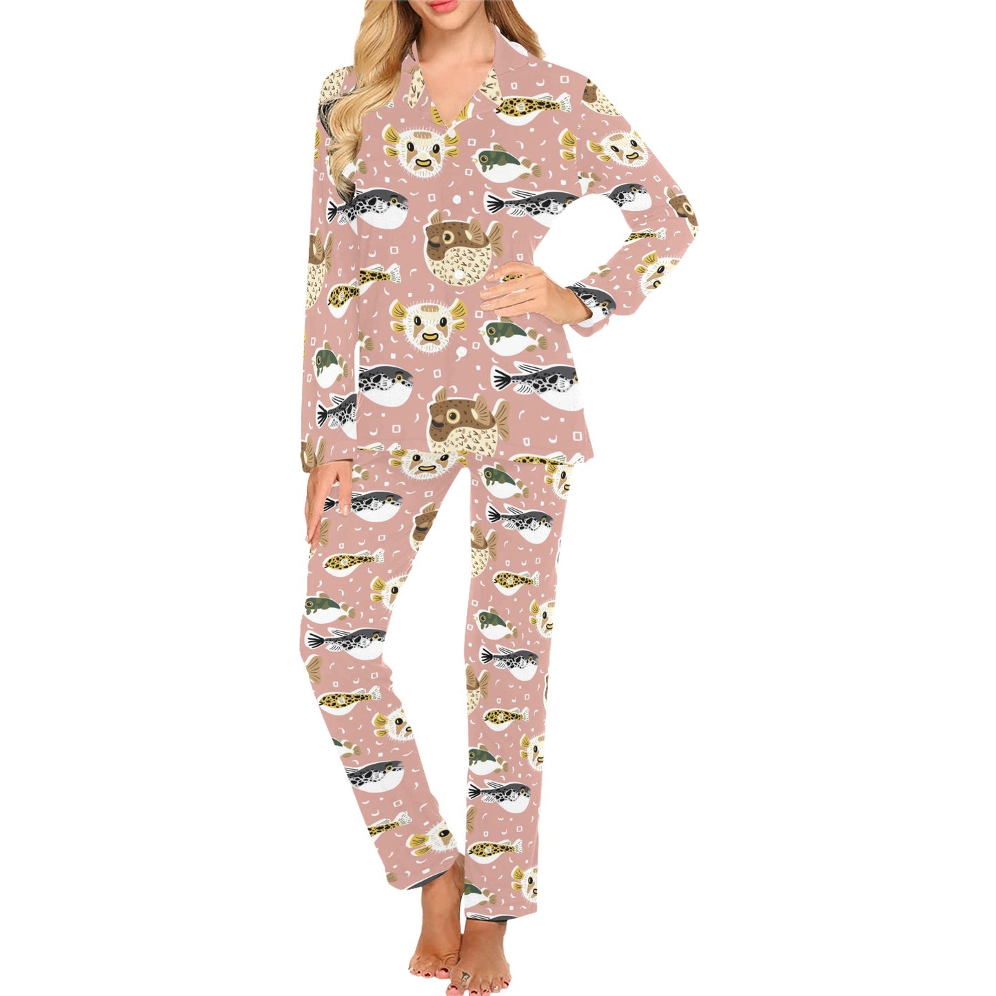 Fugu Cute Pattern Print Design 01 Women's Long Pajama Set