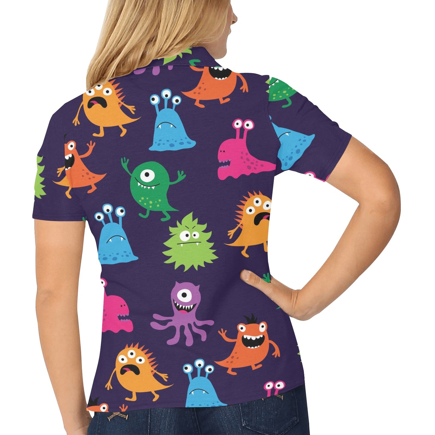 Monster Cartoon Pattern Print Design 02 Women's Polo Shirt