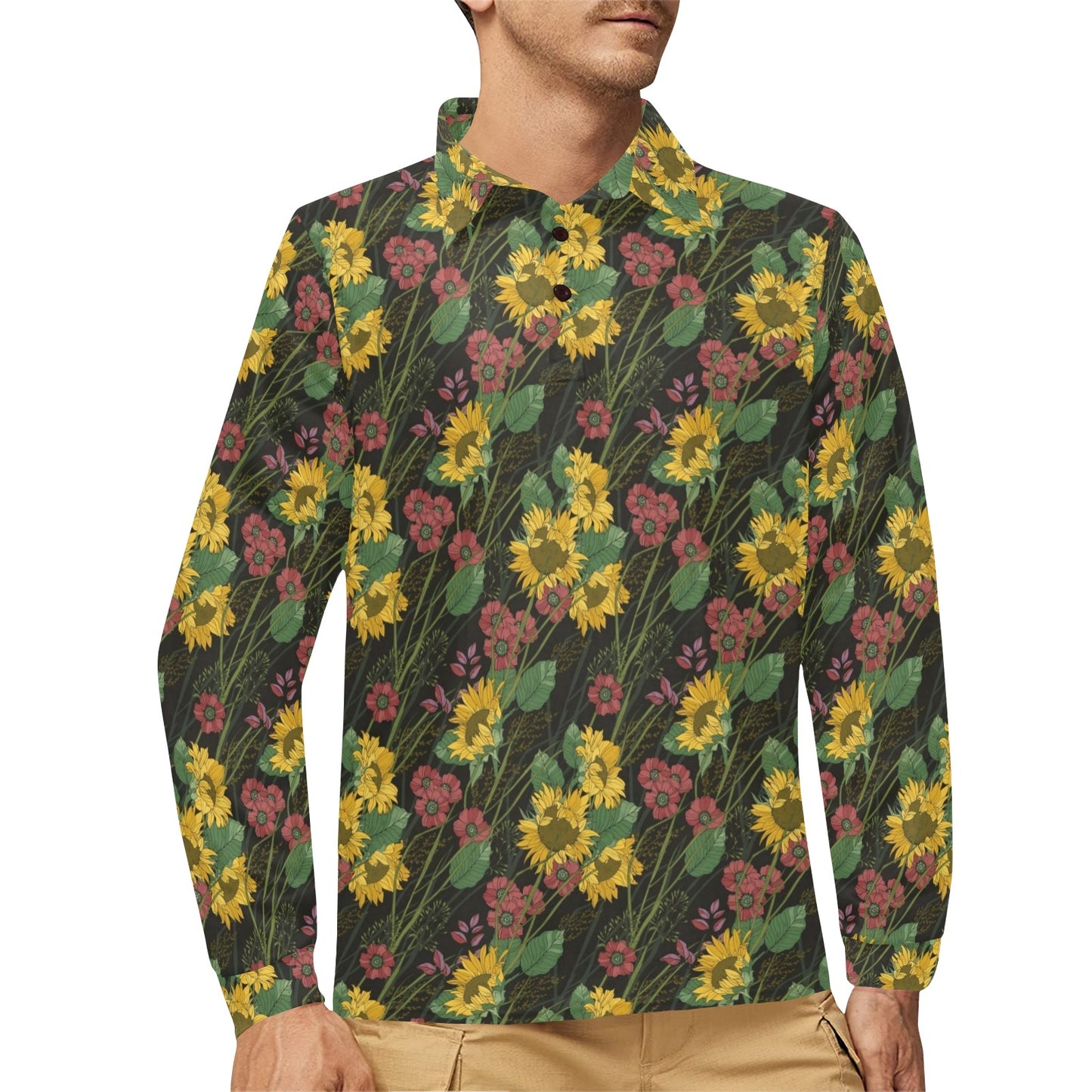 Sunflower Print Design LKS303 Long Sleeve Polo Shirt For Men's