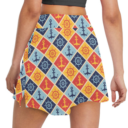 Nautical Pattern Design Themed Print 17" Golf & Pickleball Skort with Pockets