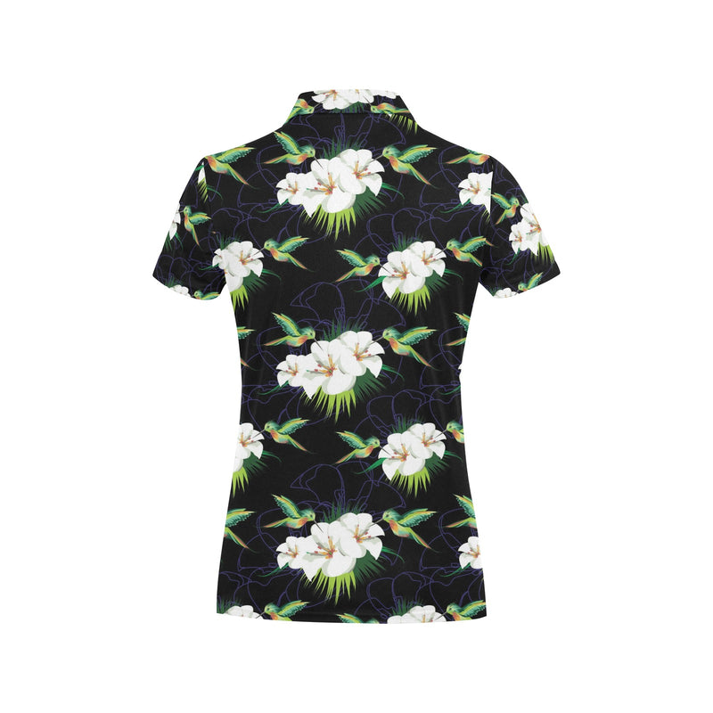 Hummingbird with Flower Pattern Print Design 03 Women's Polo Shirt