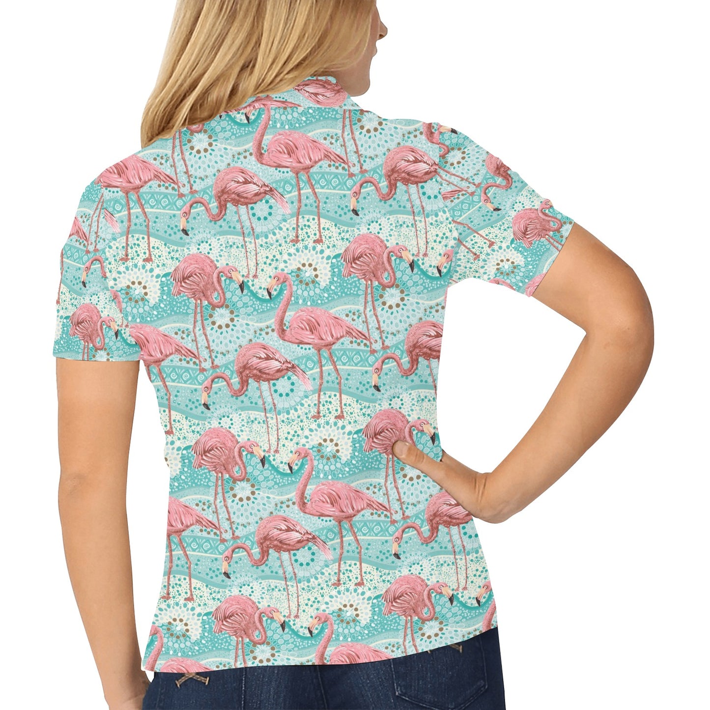 Flamingo Background Themed Print Women's Polo Shirt