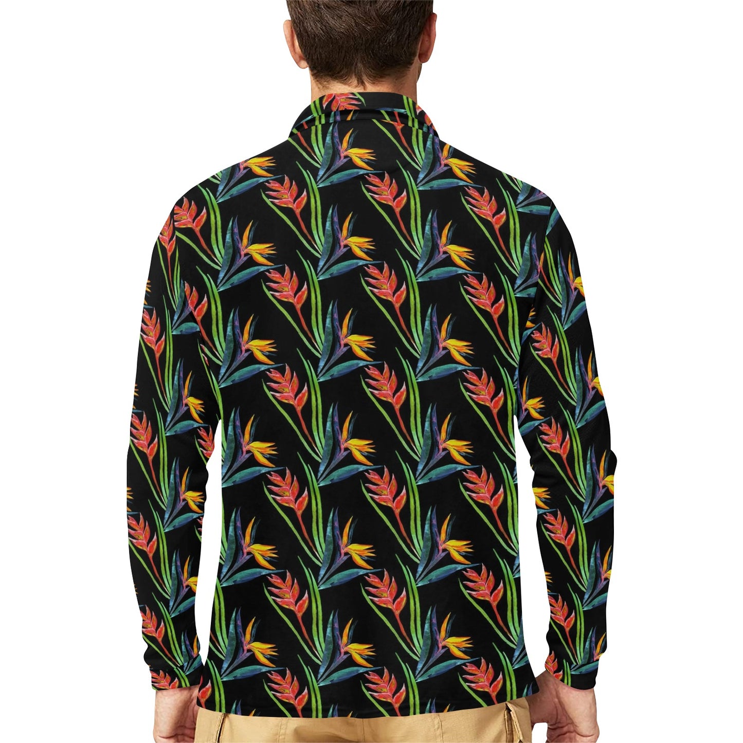 Heliconia Pattern Print Design HL04 Long Sleeve Polo Shirt For Men's
