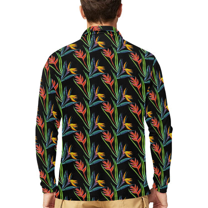 Heliconia Pattern Print Design HL04 Long Sleeve Polo Shirt For Men's