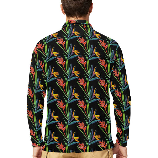 Heliconia Pattern Print Design HL04 Long Sleeve Polo Shirt For Men's