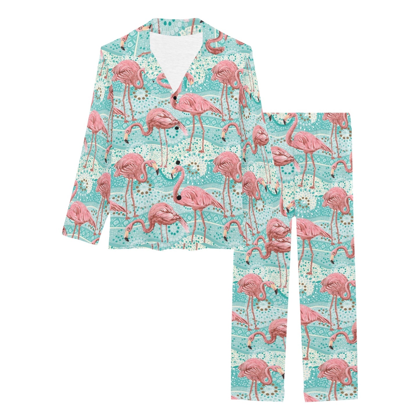Flamingo Background Themed Print Women's Long Pajama Set