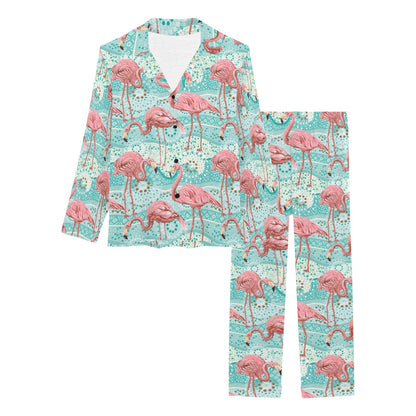 Flamingo Background Themed Print Women's Long Pajama Set