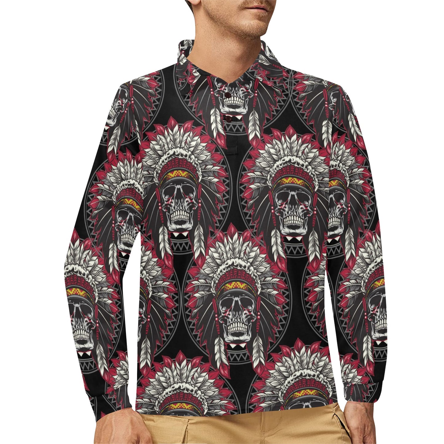 Native Indian Skull Long Sleeve Polo Shirt For Men's