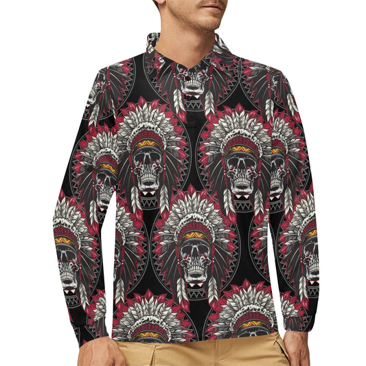 Native Indian Skull Long Sleeve Polo Shirt For Men's