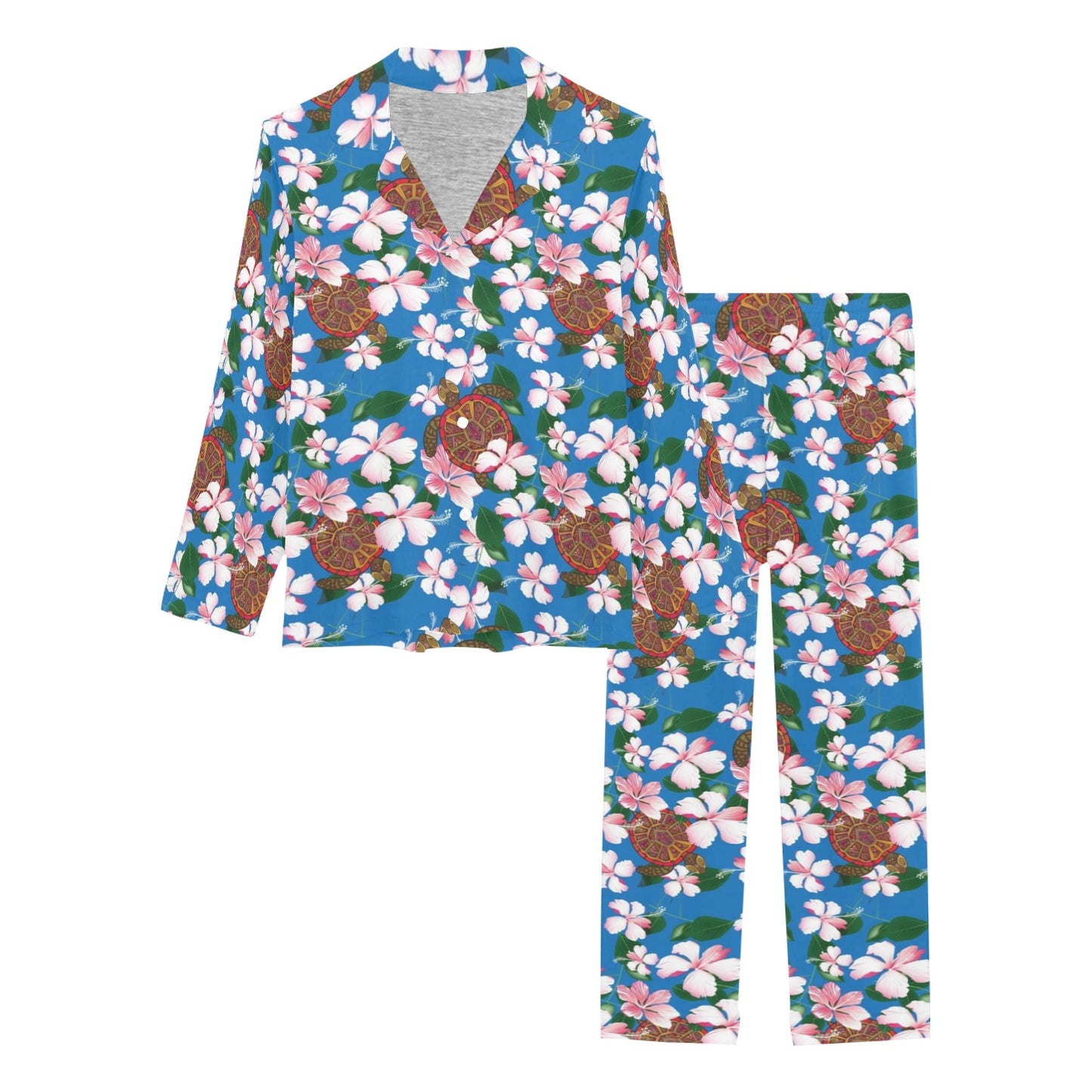 Sea Turtle Pink Hibiscus Hawaiian Print Women's Long Pajama Set