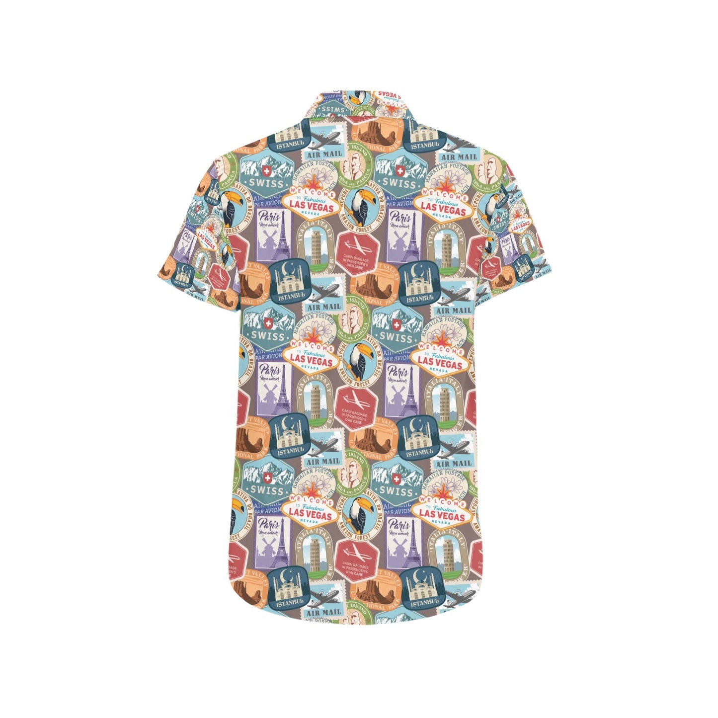 Travel Stamp Print Design LKS301 Men Short Sleeve Button Up Shirt