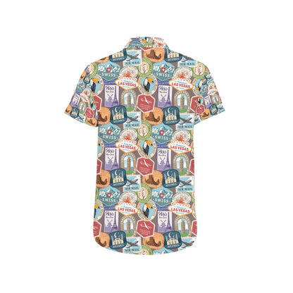 Travel Stamp Print Design LKS301 Men Short Sleeve Button Up Shirt