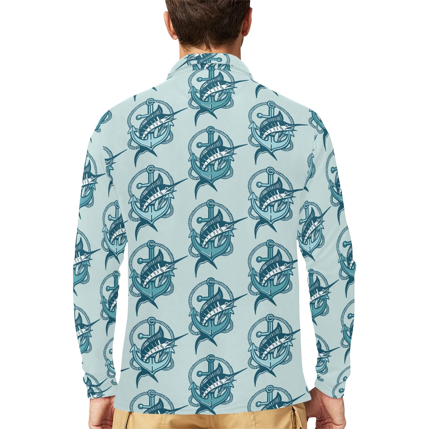 Swordfish Pattern Print Design 03 Long Sleeve Polo Shirt For Men's