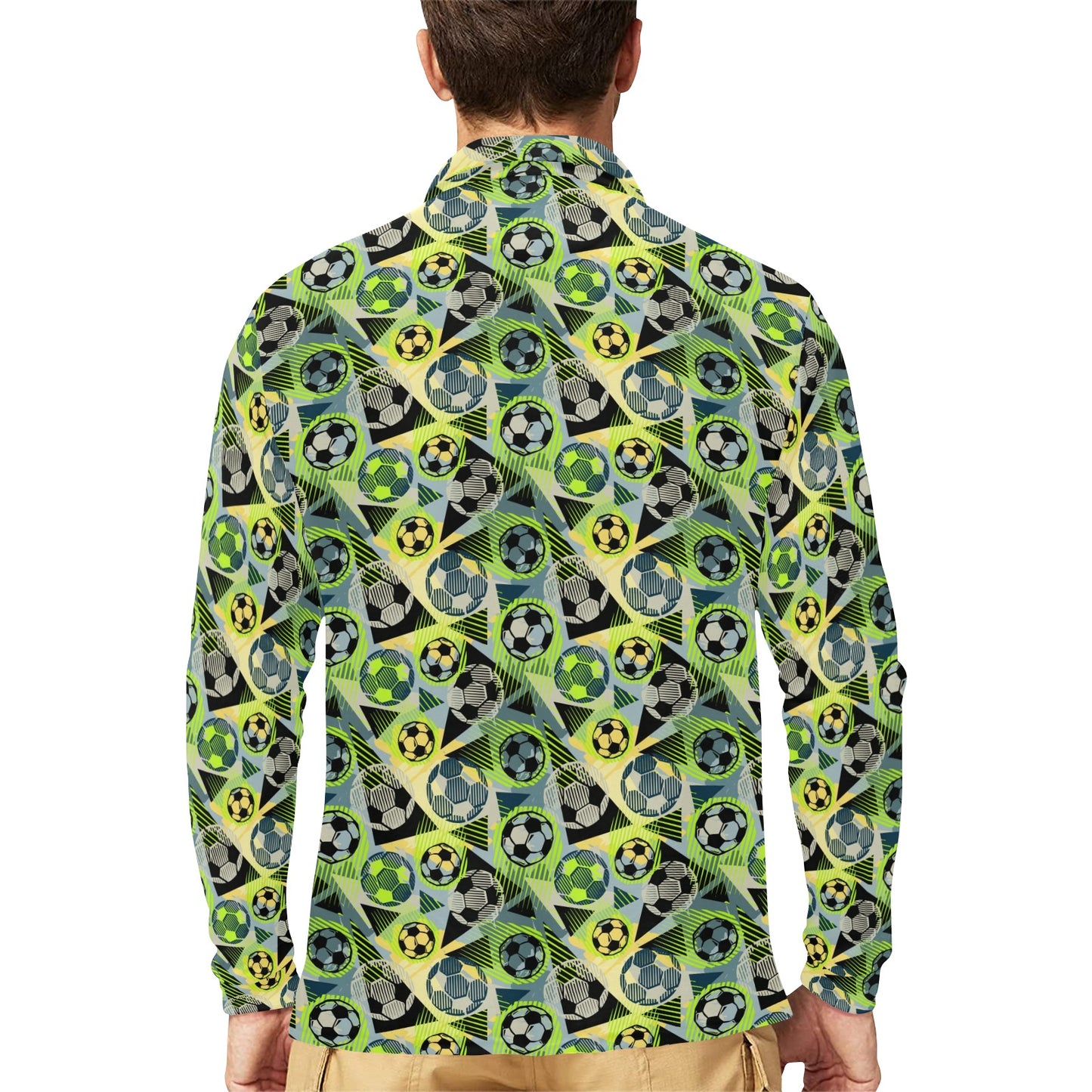Soccer Ball Themed Print Pattern Long Sleeve Polo Shirt For Men's